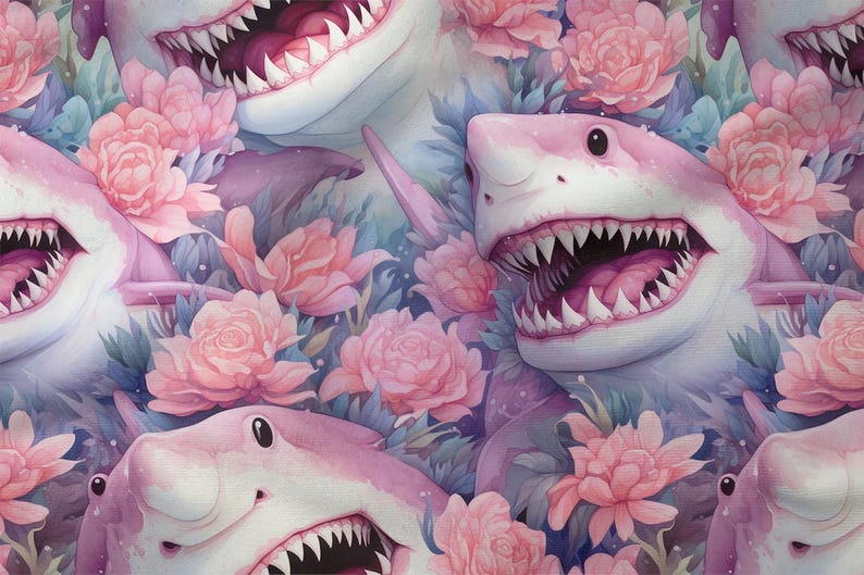 Sharks And Roses Pink Sharks Cotton Fabric 100%, Eco-print, Printed Cotton Fabric, Pink ...