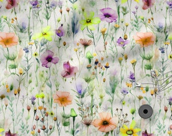 Watercolor Floral Cotton 100%, Eco-print, Printed Cotton Fabric Watercolor Meadow Fabric, High Quality By The Yard Metre Width 150cm /60"