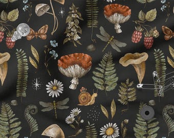 May include: Dark fabric featuring a repeating pattern of mushrooms, berries, butterflies, dragonflies, ferns, daisies, and a snail. The design uses earth-toned colours, including brown, green, and red, on a black background.