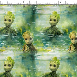 May include: Fabric featuring a repeating pattern of Groot from Guardians of the Galaxy. The artwork depicts Groot's head and upper body emerging from water, with a green and brown color palette. The background has a watercolor effect with shades of blue and green.