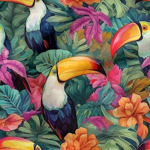 以下が含まれることがあります： オオハシ、熱帯の花、そして豊かな葉が特徴の、鮮やかで繰り返されるパターン。 オオハシは、赤とオレンジのアクセントが付いた大きな黄色のくちばしを持ち、緑、ピンク、オレンジの花と葉を背景にしています。