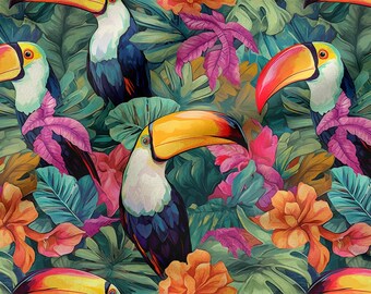 Exotic Birds Cotton Fabric 100%, Eco-print, Printed Cotton Fabric Toucans Exotic Fabric, High Quality By The Yard Metre Width 150cm /60&quot;