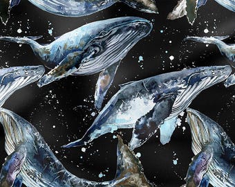 Whale and waves Cotton Fabric 100%, Eco-print, Printed Cotton Fabric, Watercolor Sea Fabric, High Quality By The Yard Metre Width 150cm /60"