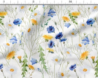 Dandelions Summer Meadow Flowers Cotton 100%, Eco-print, Printed Cotton Fabric SUmmer Dlowers Fabric By The Yard Metre Width 150cm /60&quot;