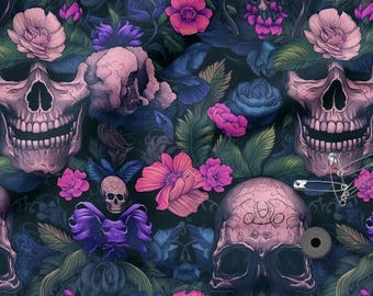 May include: A dark floral pattern featuring skulls, roses, and other flowers in shades of pink, purple, and blue. The design includes safety pins and a gear, creating a gothic aesthetic.