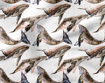 Whale and waves Cotton Fabric 100%, Eco-print, Printed Cotton Fabric, Watercolor Sea Fabric, High Quality By The Yard Metre Width 150cm /60"