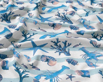 Sea Pattern Ocean Linen 100%, Eco-print, Printed Linen fabric, Ocean Fabric Softened linen for sewing By The Yard Metre Width 150cm /60"