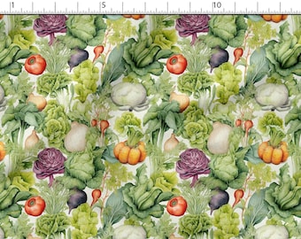 May include: A watercolor pattern featuring a variety of vegetables, including tomatoes, radishes, cabbage, and pumpkins. The design incorporates shades of green, red, purple, and orange, creating a vibrant and detailed illustration. The vegetables are arranged in a repeating pattern.