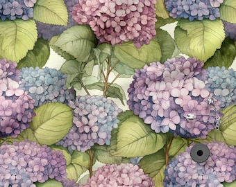 Watercolor Hydrangea Cotton 100%, Eco-print, Flowers Printed Cotton Hydrangea Fabric, High Quality By The Yard Metre Width 150cm /60&quot;