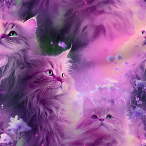 Peut inclure: Impression numérique représentant plusieurs chats duveteux aux fourrures roses et violettes, sur un fond floral et onirique. Les chats ont des yeux verts ou roses et sont entourés de fleurs violettes, créant un design fantaisiste et artistique.