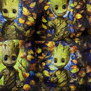 May include: A repeating pattern featuring the character Groot from Guardians of the Galaxy. The image has a mosaic style with a blue background and autumn leaves. The Groot figures are in various poses, with a smiling expression.