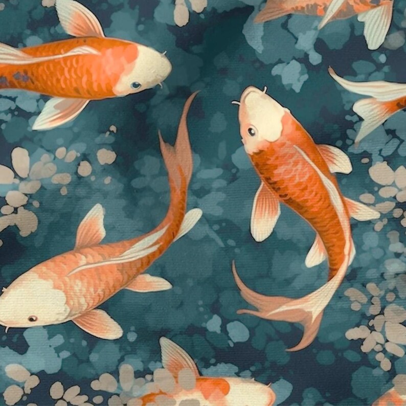 May include: A repeating pattern featuring orange and white koi fish swimming in a dark teal blue water background. The fish have detailed scales and fins, with a white head and orange body. The background has white and light blue accents.