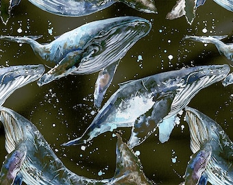Whale and waves Cotton Fabric 100%, Eco-print, Printed Cotton Fabric, Watercolor Sea Fabric, High Quality By The Yard Metre Width 150cm /60"