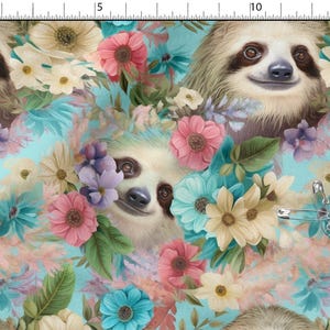 May include: A fabric design featuring sloths and flowers. The sloths have light brown fur and dark eyes, surrounded by colorful flowers in shades of pink, blue, and cream. The background is a light blue.