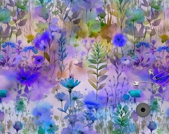 Watercolor Meadow Cotton 100%, Eco-print Fabric, Printed Cotton Floral Fabric, High Quality Fabric, By The Yard Metre, Width 150cm /60"