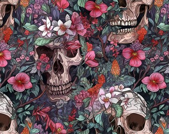 Katoenen stof bloemenschedels 100%, eco-print, bedrukte katoenen stof, gotische schedels, hoge kwaliteit op maat gesneden Meterbreedte: 150 cm