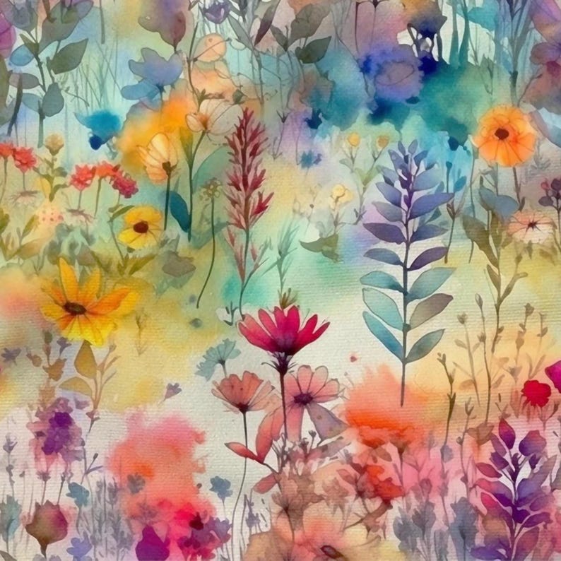 May include: A watercolor painting of a field of flowers in various shades of pink, yellow, blue, and green. The flowers are painted in a loose, impressionistic style, with soft edges and delicate details.