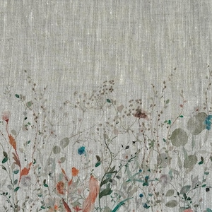 May include: Close-up of a linen fabric with a floral design. The design features delicate wildflowers in shades of orange, blue, and green, set against a neutral background. The fabric has a textured appearance.