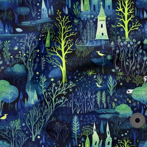 Può includere: Un design di tessuto stravagante con una scena notturna della foresta. L'illustrazione presenta alberi stilizzati, torri e uccelli in tonalità di blu, verde e giallo. Il tema generale è un paesaggio fantastico.