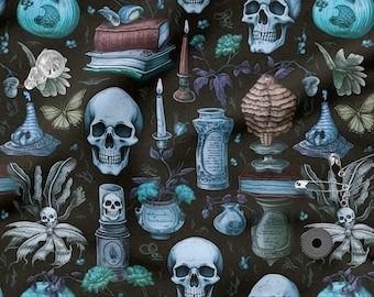 Gothic Cotton Fabric 100%, Eco-print, Printed Cotton Fabric, Skulls Fabric, High Quality By The Yard Metre Width 150cm /60"