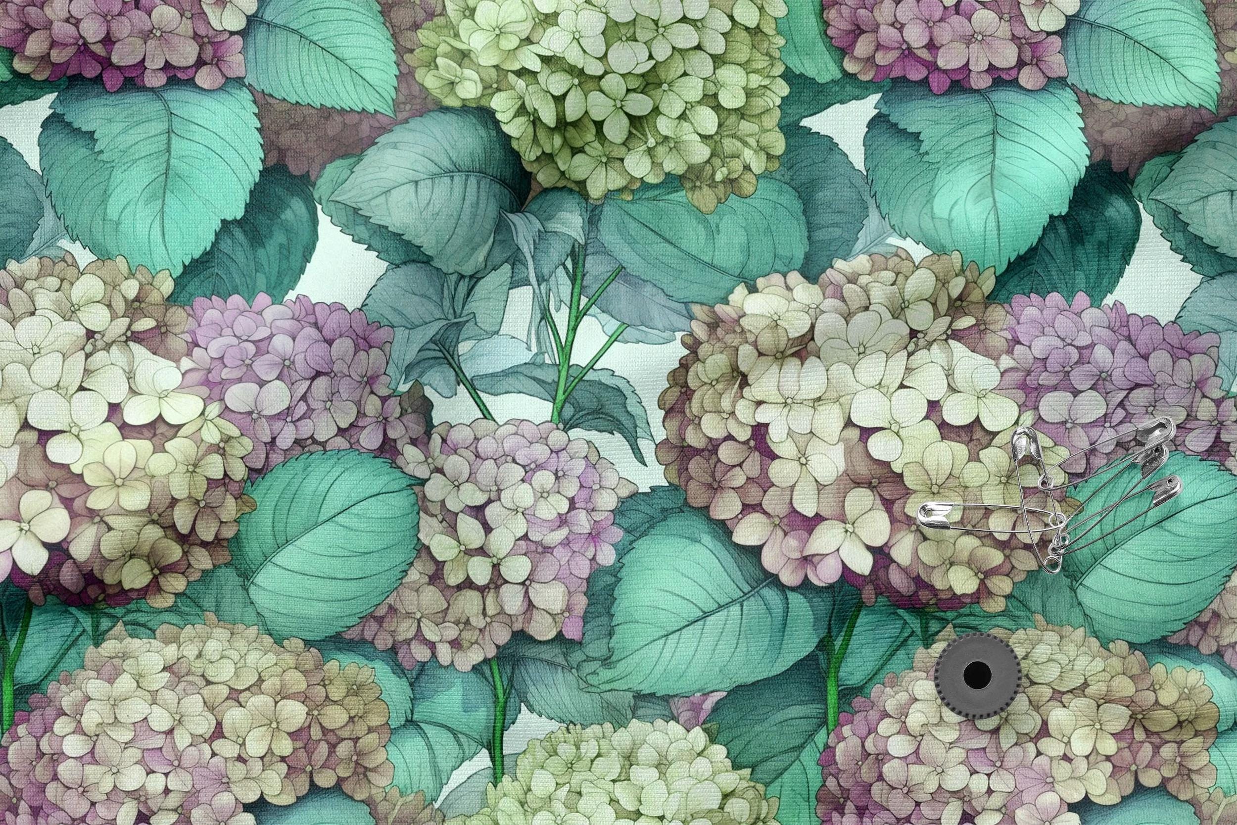 Watercolor Hydrangea Cotton 100%, Eco-print, Flowers Printed Cotton Hydrangea Fabric, High Quality By The Yard Metre Width 150cm /60"