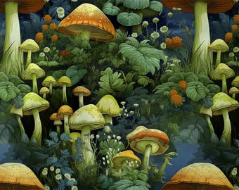 Forest Cotton Fabric: Eco-Print Mushrooms Fabric, High Quality Sewing Material, By The Yard Metre 150cm /60" Wide