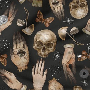以下が含まれることがあります： 暗い背景に、骸骨、目のある手、蝶、キノコ、星の繰り返し模様。 ヴィンテージでオカルトなテーマの水彩画風のデザイン。