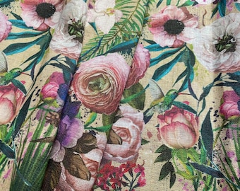 Linen fabric Exotic Flowers Beige in melange, Softened linen for sewing By The Yard Metre Width 150cm /60"