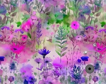 Watercolor Meadow Cotton 100%, Eco-print Fabric, Printed Cotton Floral Fabric, High Quality Fabric, By The Yard Metre, Width 150cm /60"