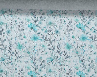 Linen fabric 100%, Floral Pattern, Wildflowers, Beige in melange, Softened linen for sewing By The Yard Metre Width 150cm /60"