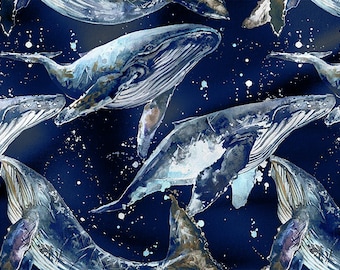 Whale and waves Cotton Fabric 100%, Eco-print, Printed Cotton Fabric, Watercolor Sea Fabric, High Quality By The Yard Metre Width 150cm /60"