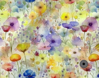 Colorful Meadow Cotton 100%, Eco-print, Printed Cotton Fabric Watercolor Floral Fabric, High Quality By The Yard Metre Width 150cm /60"