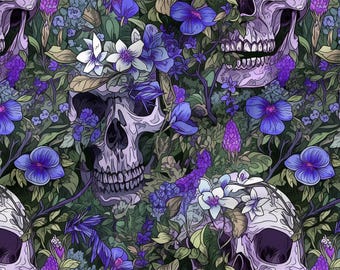 Katoenen stof bloemenschedels 100%, eco-print, bedrukte katoenen stof, gotische schedels, hoge kwaliteit op maat gesneden Meterbreedte: 150 cm