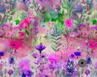 Watercolor Meadow Cotton 100%, Eco-print Fabric, Printed Cotton Floral Fabric, High Quality Fabric, By The Yard Metre, Width 150cm /60"