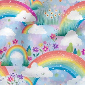 Può includere: Un'illustrazione stravagante con più arcobaleni che si estendono su un cielo azzurro chiaro pieno di soffici nuvole bianche. Fiori colorati, erba verde e piccole farfalle si aggiungono alla scena allegra. Il design ha un effetto acquerello.