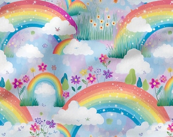 Rainbows Cotton 100% Eco-print, Printed Cotton Fabric Clouds Rainbow Fabric High Quality By The Yard Metre Width 150cm/60"