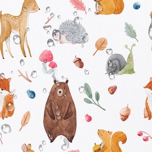 May include: A charming pattern with watercolour illustrations of woodland animals. The design includes deer, foxes, squirrels, bears, snails, mushrooms, acorns, and leaves, set against a white background with water droplets.