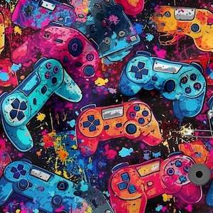 Puede incluir: Un patrón vibrante con mandos de videojuegos coloridos en tonos azules, rosas, naranjas y amarillos, sobre un fondo negro con salpicaduras de pintura. Los mandos están estilizados.