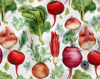 May include: Watercolor illustration of various root vegetables, including beets and turnips, with green leafy tops. The vegetables are in shades of red, purple, and brown, set against a white background with small green accents. A sewing notion is visible.