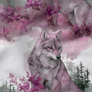 May include: Watercolor illustration of a wolf with pink and gray fur, set against a backdrop of pink flowers and evergreen trees. The artwork has a soft, dreamy quality, with a focus on the wolf's intense gaze and the delicate details of the floral elements.