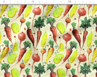 May include: A watercolor pattern featuring various vegetables, including carrots, beets, and potatoes, in shades of red, yellow, and green. The vegetables are scattered across a light beige background with small red speckles.