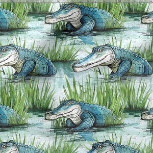 Peut inclure: Motif répété d'alligators à l'aquarelle dans un environnement marécageux. Les alligators sont bleus et verts, avec des écailles détaillées et des mâchoires ouvertes. De hautes herbes vertes et de l'eau complètent la scène.
