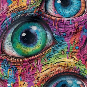 Op de afbeelding: Een levendig, psychedelisch patroon met meerdere ogen met kleurrijke irissen en gedetailleerde wimpers. Het kunstwerk maakt gebruik van een palet van blauw, groen, roze en geel, waardoor een surrealistisch en artistiek ontwerp ontstaat.