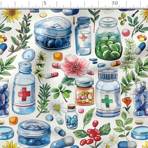 Op de afbeelding: Waterverfpatroon met diverse medicijnflesjes, capsules en pillen in blauw, groen, oranje en roze. Het ontwerp bevat bloem- en botanische elementen zoals bloemen en bladeren, wat een medisch en natuurlijk thema creëert.