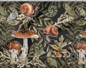 May include: Dark fabric with a watercolour design featuring snails, mushrooms, and ferns. The mushrooms have brown caps with white spots. The snails have brown shells and grey bodies. The background is a dark green.