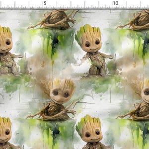 May include: Watercolor pattern featuring the character Groot from Guardians of the Galaxy. The design showcases multiple Groot figures in various poses, set against a backdrop of green and brown watercolor washes. The overall aesthetic is whimsical and artistic.