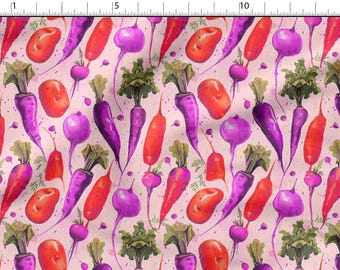 May include: Watercolor pattern featuring a variety of vegetables. The design includes vibrant purple carrots, red carrots, potatoes, and beets, all set against a light pink background with paint splatters. A colorful and artistic design.