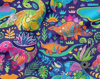 Colorful Dinosaurs Cotton Fabric 100%, Eco-print, Printed Cotton Fabric, Dinosaurs Fabric, High Quality By The Yard Metre Width 150cm /60"
