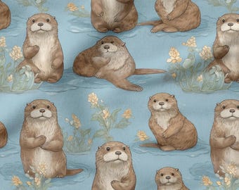 Cute Otter Cotton 100%, Eco-print, Printed Cotton Fabric, Otters Fabric, High Quality, By The Yard Metre Width 150cm /60"
