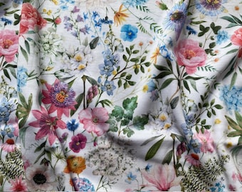 Baumwolljersey winzige Wiese, Eco-print, Sommer Wiese Blumen Stoff, dehnbar, Meterware Meterware 145 cm
